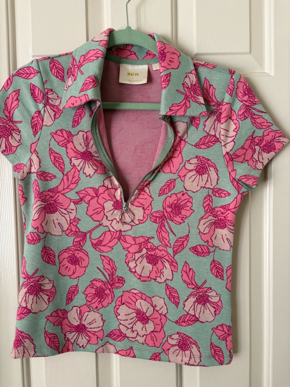 Anthropologie Mint and Pink Floral Zip-Front Crop Top